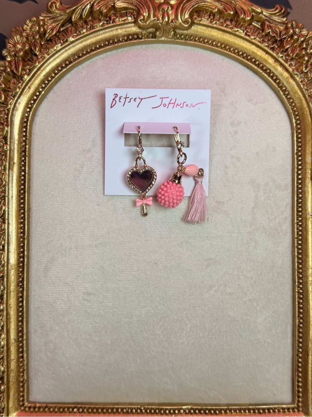 Betsey Johnson Pink Perfume Mirror Tassel Mismatched Earrings
